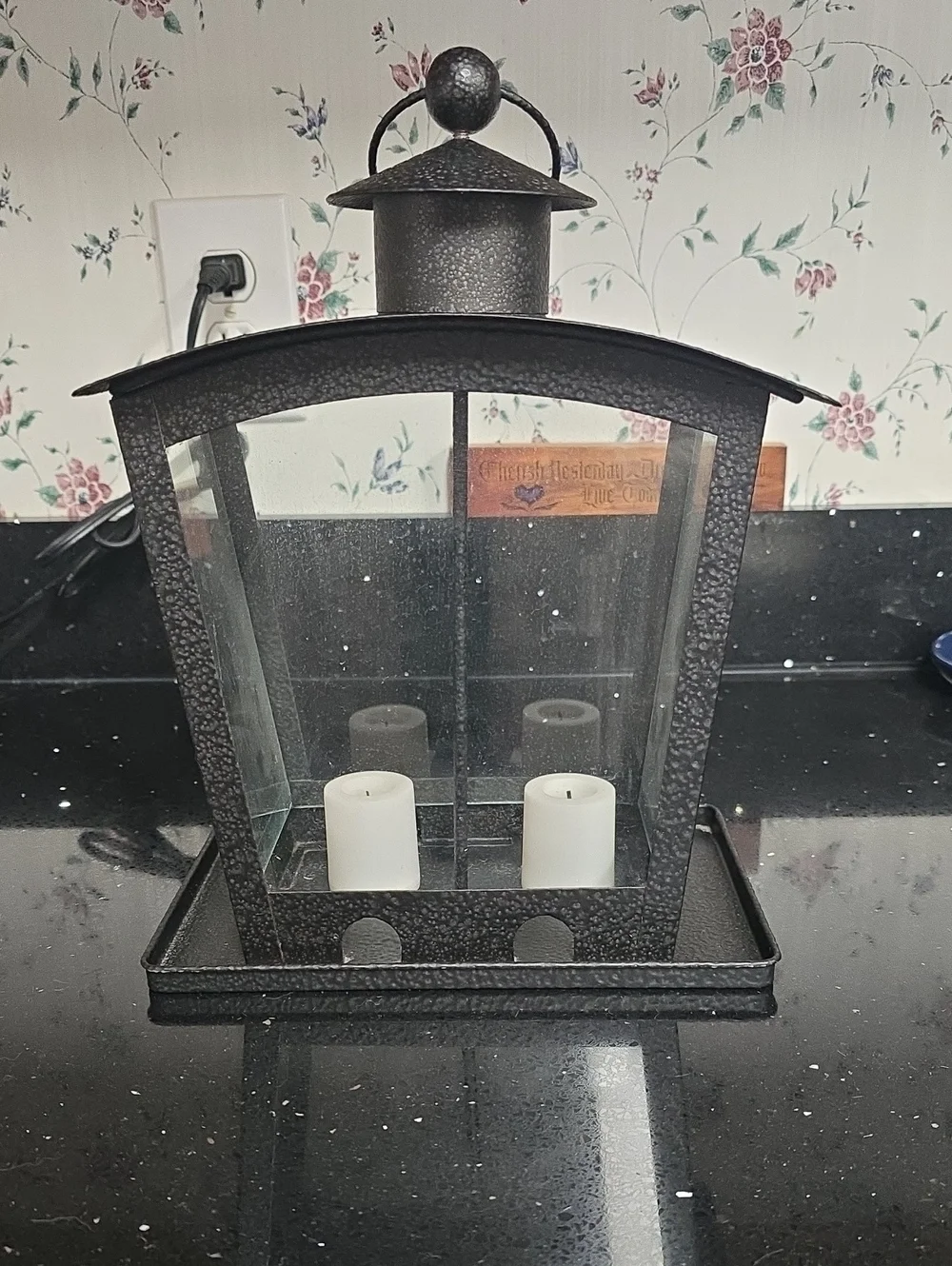 Vintage. Decorative Black Hanging Metal Lantern with Glass Panels